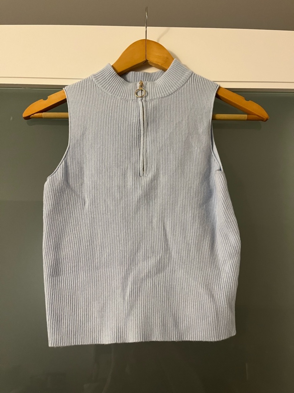 Sleeveless Ribbed Mock Neck crop top in Light Blue